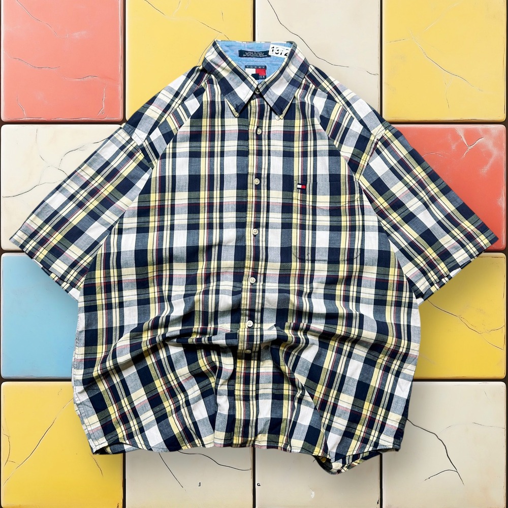 VTG Tommy Hilfiger Y2K Mens L Plaid Short Sleeve Button Down Shirt Navy Yellow